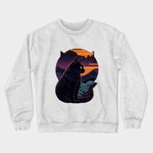 black cat with mountain background at the sunset Crewneck Sweatshirt